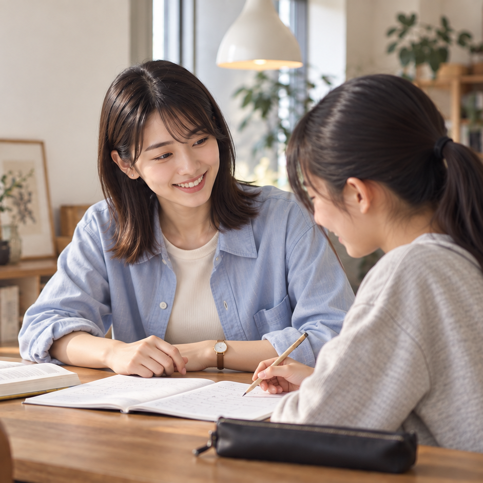 生徒と一緒に教材に向き合う家庭教師のイメージ